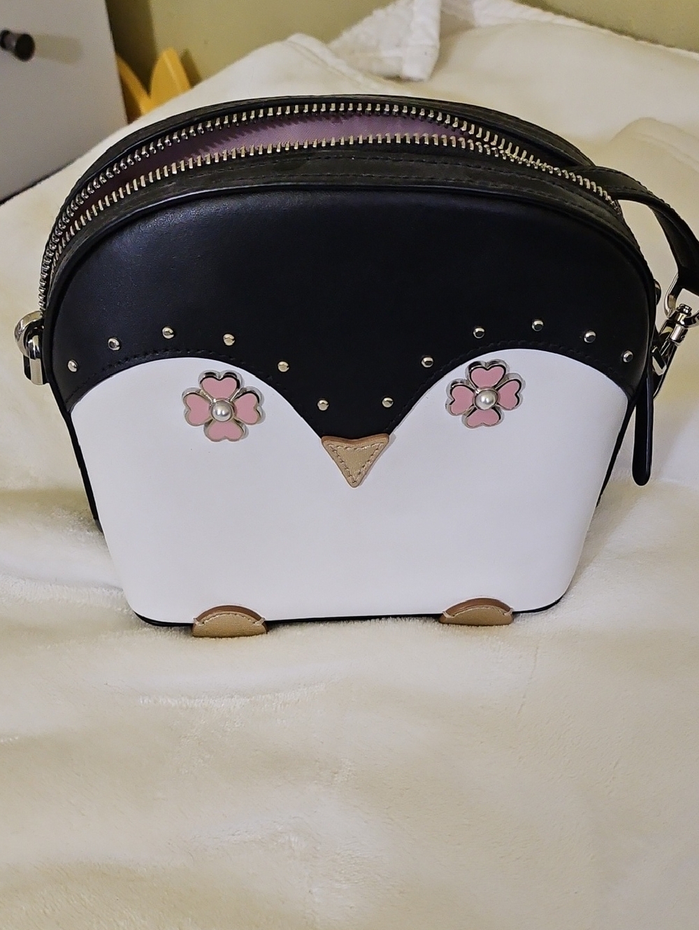 kate spade Black, White & Pink Floral Crossbody Looks Like A Penquin.  Small Bag